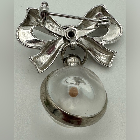 VTG Coro Signed Silver Tone Bow Brooch Pin Mustard Seed Encased in Clear Orb - Picture 6 of 8